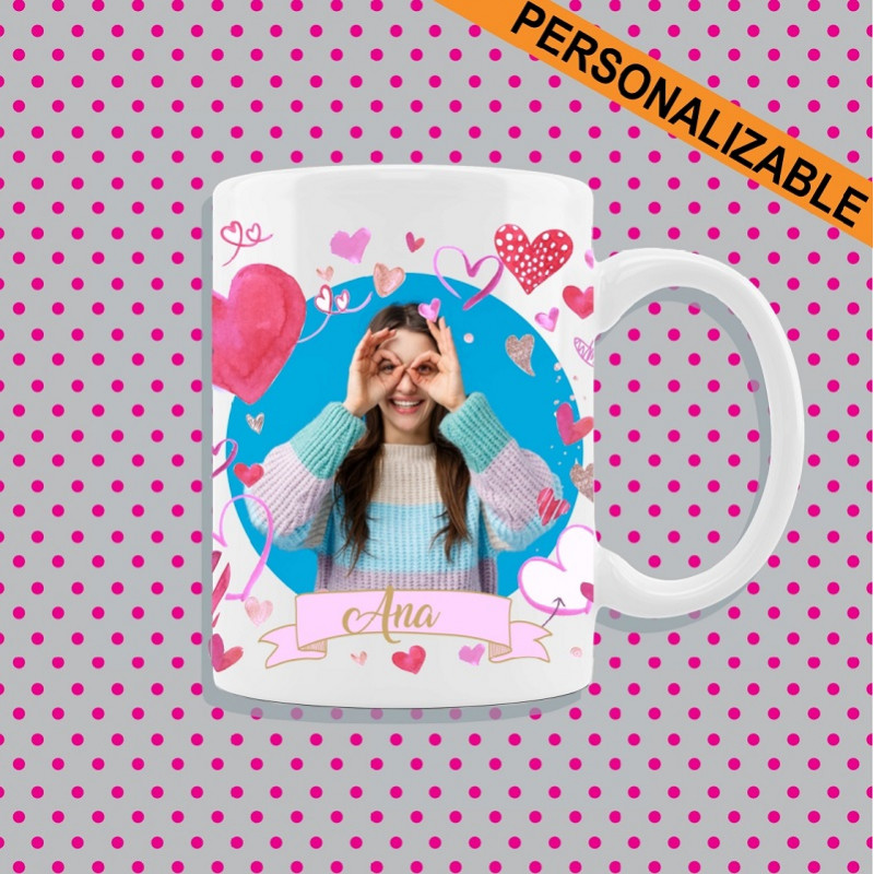 TAZA CORAZONES PERSONALIZADA CON FOTO