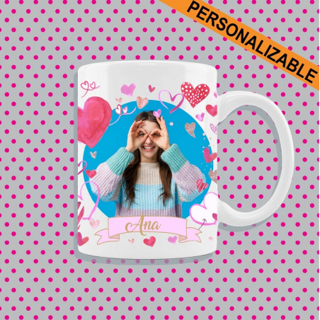 TAZA CORAZONES PERSONALIZADA CON FOTO