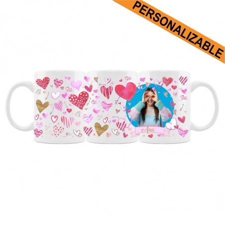 TAZA CORAZONES PERSONALIZADA CON FOTO
